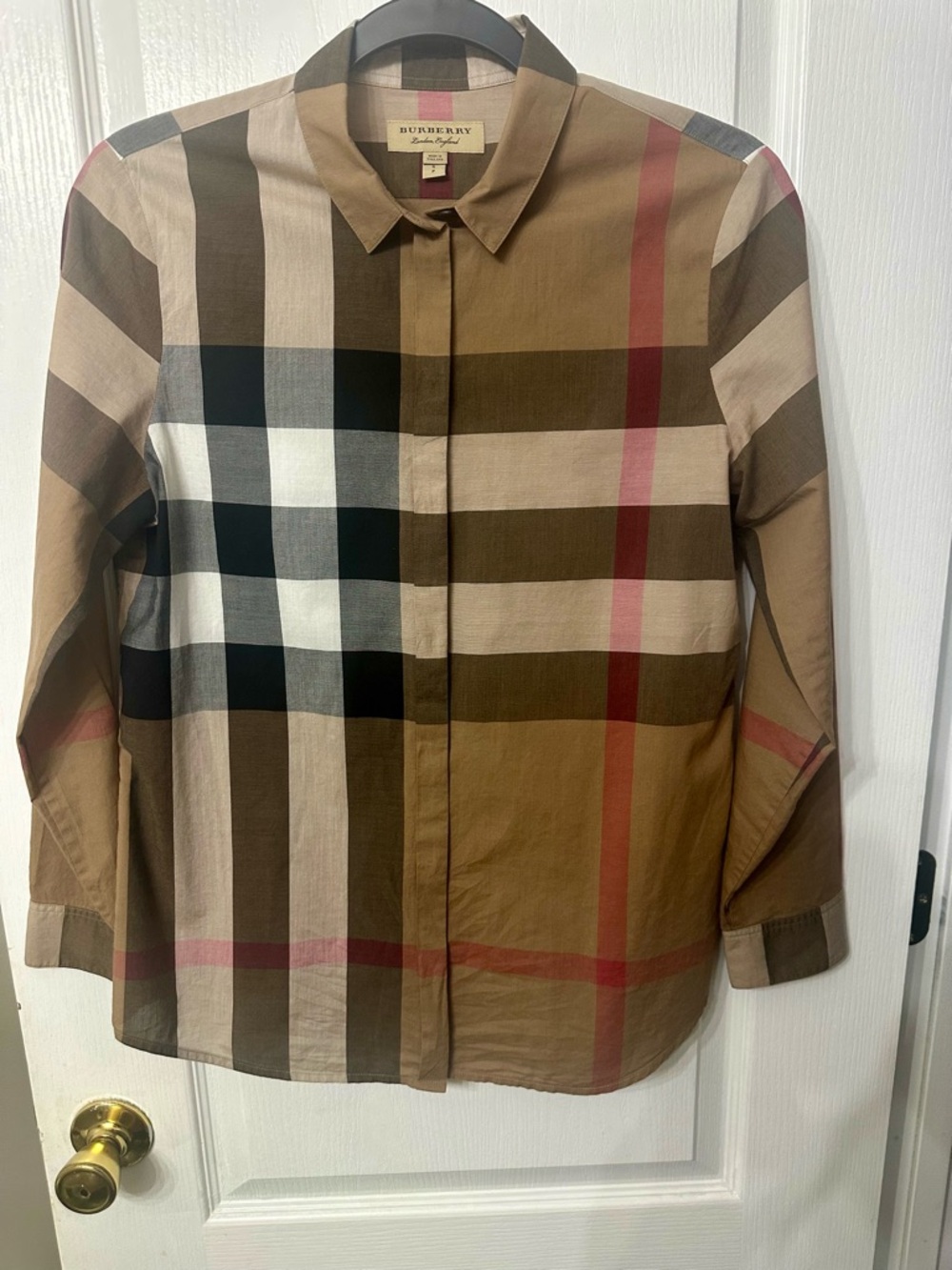 Burberry Check Button-Down Shirt in Beige Tan Pink